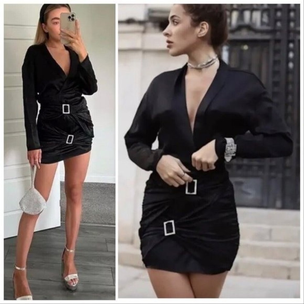 New Zara Black Jewel Buckle Trim Satin Effect Long Sleeve Night Out Dress sz S